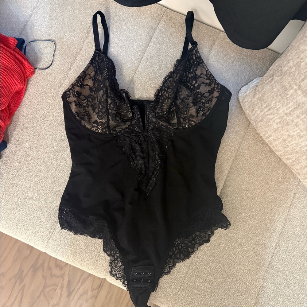 Black Lace V-Neck Bodysuit with Scalloped Trim